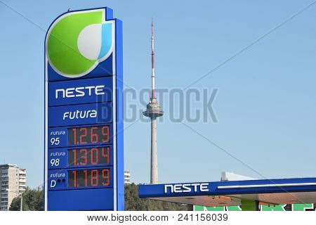 Vilnius, Lithuania - May 16: Neste Oil Logotype On A Fuel Station On May 16, 2018 In Vilnius Lithuan