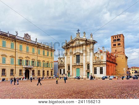 Mantua, Italy - October 22, 2016: People At Church Of Sant Andrea On Piazza Mantegna Square In Mantu