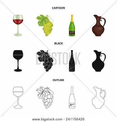 A Glass Of Red Wine, Champagne, A Jug Of Wine, A Bunch. Wine Production Set Collection Icons In Cart