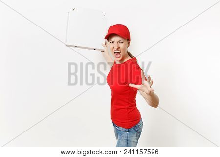 Delivery Woman In Red Uniform Isolated On White Background. Pretty Female In Cap, T-shirt, Jeans Wor