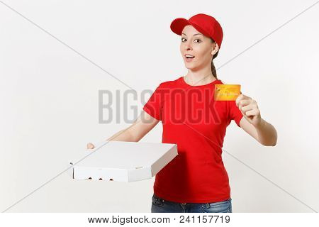 Delivery Woman In Red Uniform Isolated On White Background. Female In Cap, T-shirt, Jeans Working As