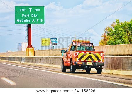 Bordentown, Usa - May 5, 2015: Car On Road In Nj Turnpike, New Jersey, America. Focus In Motion