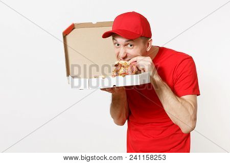 Delivery Smiling Man In Red Uniform Isolated On White Background. Male Pizzaman In Cap, T-shirt Work