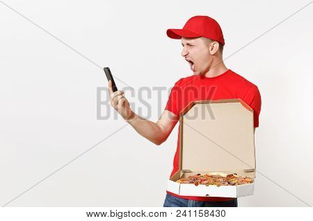 Delivery Smiling Man In Red Uniform Isolated On White Background. Male Pizzaman Courier In Cap, T-sh