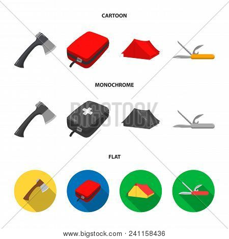 Ax, First-aid Kit, Tourist Tent, Folding Knife. Camping Set Collection Icons In Cartoon, Flat, Monoc