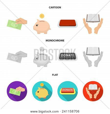 Hand With Money For Poshestvovaniya, A Piggy Bank For Charity, A Button With An Inscription, A Book 