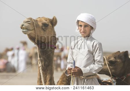 Ibri, Oman, 28th April 2018: Young Bedouin With His Camels In Omani Countryside