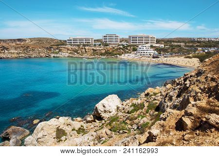 Azure Water Of Ghajn Tuffieha With Golden Bay Beach, Malta, Eu