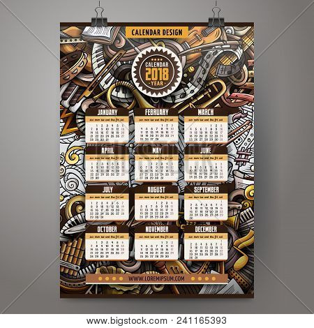 Cartoon Colorful Hand Drawn Doodles Classic Music 2018 Year Calendar Template. English, Sunday Start