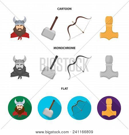 Viking In Helmet With Horns, Mace, Bow With Arrow, Treasure. Vikings Set Collection Icons In Cartoon