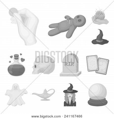 Monochrome And White Magic Monochrome Icons In Set Collection For Design. Attributes And Sorceress A