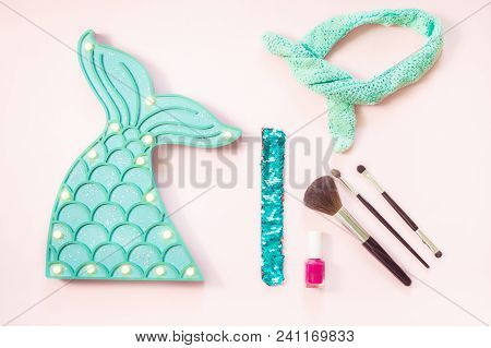 Flat Lay Fashion Set: Mint Colour Mermaid Tail And Accessories Make Up Brushes, Sequin Bracelet, Nai