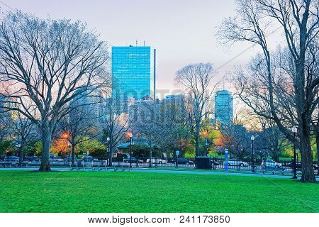 Skyline And Boston Common Public Park Of Downtown Boston, Massachusetts, The United States. People O