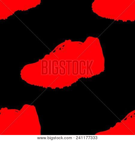 Seamless Pattern With Sneaker Shoe. Red On A Black Background.