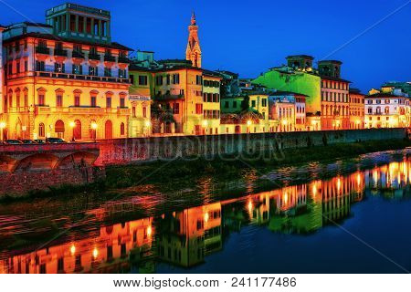 Embankment Of Arno River In Florence In Italy. Late At Night