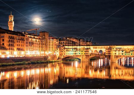 Ponte Vecchio Bridge In Florence In Italy. At Night