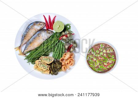 Thai Popular Cuisine,spicy Shrimp Paste Dip As Nam Prik Kapi In Thai Served With Deep Fired Mackarel
