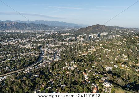 Los Angeles, California, USA - April 18, 2018:  Aerial view of the Sherman Oaks and Studio City neighborhoods in the San Fernando Valley.  