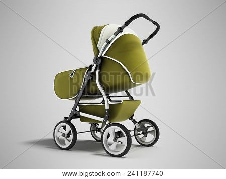 Modern Baby Carriage With Dome Against Rain And Wind Green 3d Render On Gray Background With Shadow