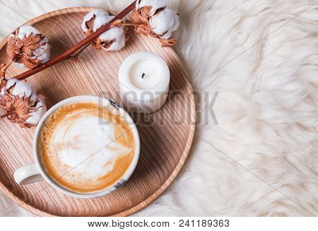 Coffee And Candle On The Wooden Tray. Morning At Home
