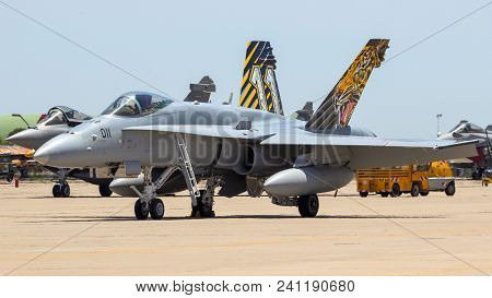 Zaragoza, Spain - May 20, 2016: Swiss Air Force Mcdonnell Douglas F/a-18 Hornet Fighter Jet On The T