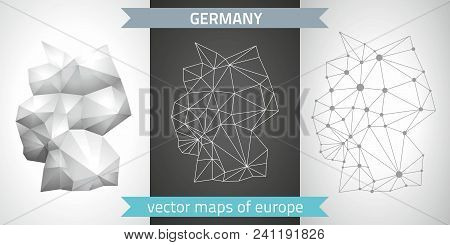 Germany Set Of Grey And Silver Mosaic 3d Polygonal Maps. Graphic Vector Triangle Geometry Outline Sh