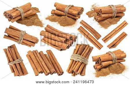 Cinnamon Sticks Isolated On White Background, Collection