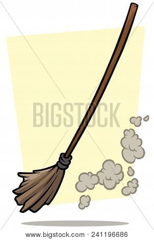 Cartoon Broom Cleaner With Wooden Handle And Dust. Vector Icon.
