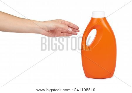 Orange Plastic Detergent Bottle With Hand Isolated On White Background.