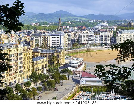 San Sebastian, Spain - May 10, 2018. Aerial View Of The Port Of San Sebastian With The Concha Beach 