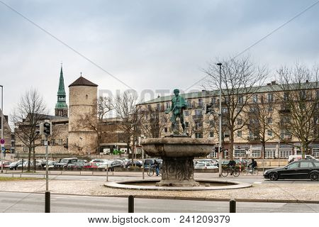 HANNOVER, GERMANY-March 13, 2018: Duve Fountain in Hanover, Germany. 