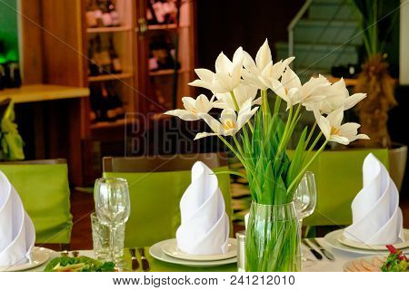 Beautiful Flowers On Table In Wedding Day.