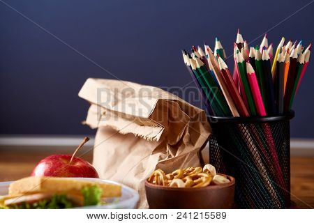 Back To School Concept, School Supplies, Assortment Of Biscuits, Paper Paper With Food And Transpare