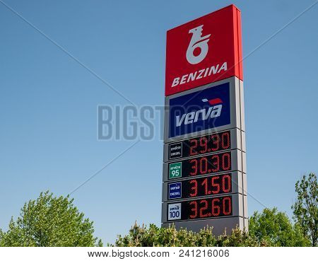 Ostrava, Czech Republic - May 5, 2018: The Red Petrol Station Of Local Benzina Company. The Image Wa