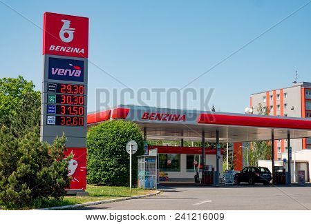 Ostrava, Czech Republic - May 5, 2018: The Red Petrol Station Of Local Benzina Company. The Image Wa