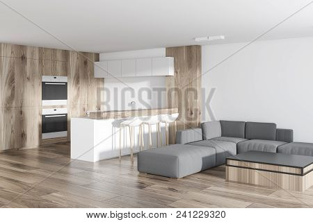 Studio Apartment Kitchen And Living Room Corner With A Wooden Bar And Built In Apliances. Concept Of