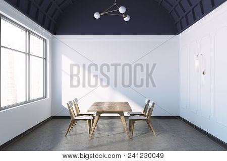Concrete Floor Dining Room Interior With White Awalls, A Long Wooden Table And White And Wooden Chai