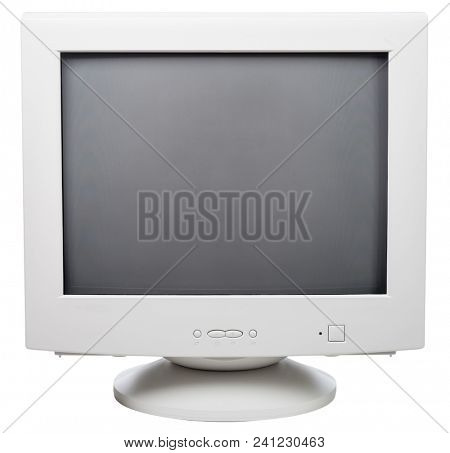 Vintage CRT computer monitor with black screen isolated on white background