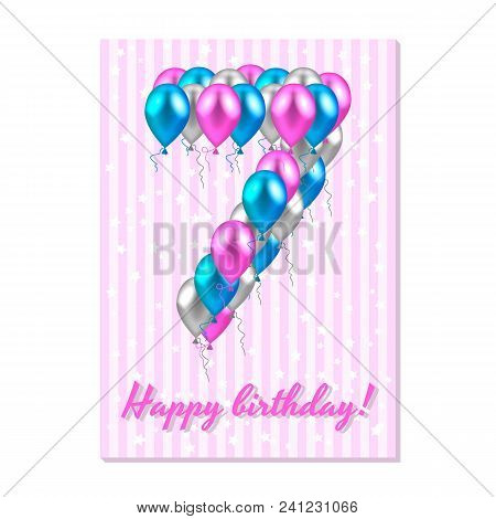 Vector Illustration. Realistic Colored Balloons On The Seventh Birthday. Pink, Silver, Blue. Pink St
