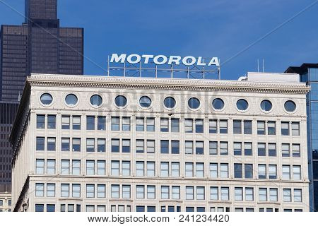 Chicago - Circa May 2018: Motorola Solutions Logo Atop The Railway Exchange Building. Motorola Provi