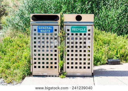 General Waste And Recycling Rubbish Bins Outdoors On A Sunny Day In Australia.