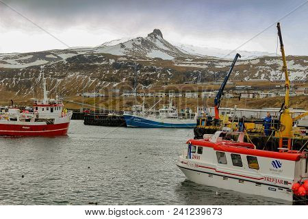 Olafsvik Iceland, May 12 2018: Editorial Photo Of A Commercial Fishing Dock In The Small City. These