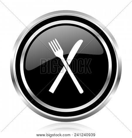 Restaurant black silver metallic chrome border glossy round web icon