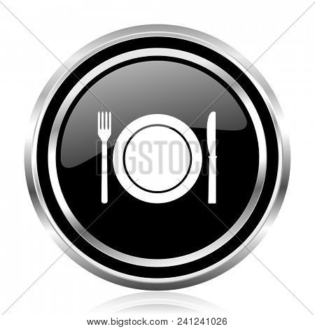Restaurant black silver metallic chrome border glossy round web icon