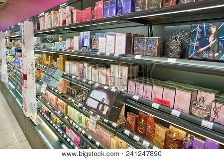 MILAN, ITALY - CIRCA NOVEMBER, 2017: inside Sephora store in Milan. Sephora is a French chain of cosmetics stores.