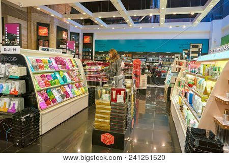 MILAN, ITALY - CIRCA NOVEMBER, 2017: inside Sephora store in Milan. Sephora is a French chain of cosmetics stores.