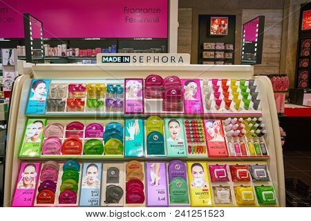 MILAN, ITALY - CIRCA NOVEMBER, 2017: inside Sephora store in Milan. Sephora is a French chain of cosmetics stores.