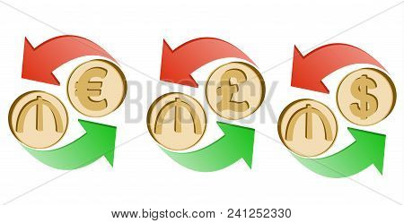 Exchange Azerbaijani Manat To Euro, Pound Sterling And Dollar On A White Background , Sign Currency 
