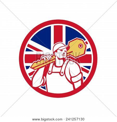 Icon Retro Style Illustration Of A British Locksmith Or Key Cutter Carrying A Giant Key With United 