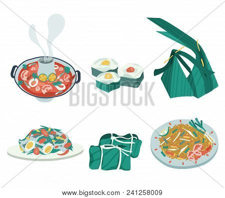 Famous Thai Foods With Pad Thai, Papaya Salad , Tom Yum Kung Or Spicy Shrimp Soup, And Thai Desserts